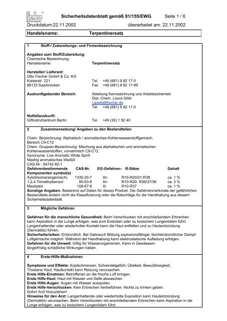 Sicherheitsdatenblatt - Otto Fischar GmbH und Co. KG