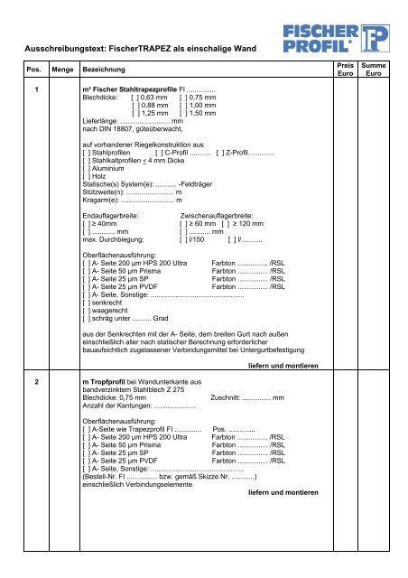 Ausschreibungstext: FischerTRAPEZ als einschalige Wand
