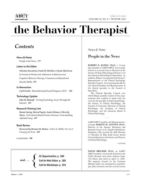 the Behavior Therapist - ABCT Association for Behavioral and