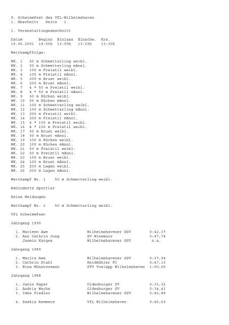 9. Schwimmfest des VfL-Wilhelmshaven 1. Abschnitt Seite 1 1 ...