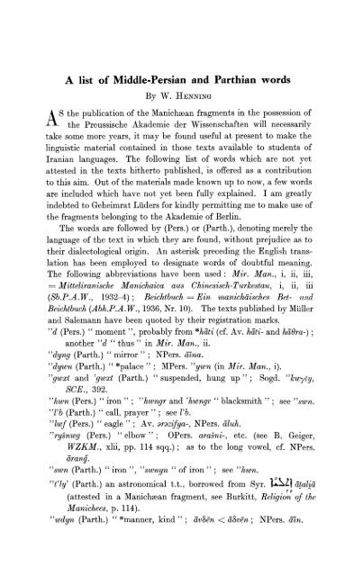 A list of Middle-Persian and Parthian words By W. HENNING AS the ...