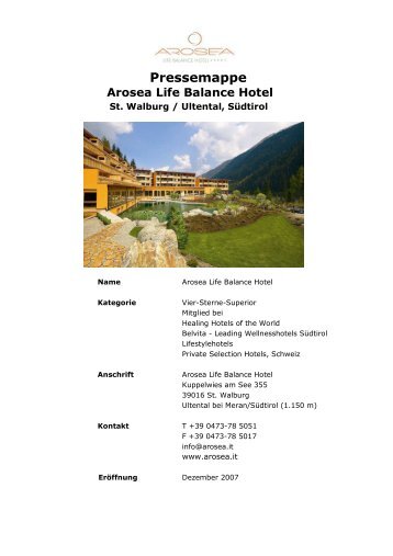 Pressemappe Arosea Life Balance Hotel - Stromberger PR