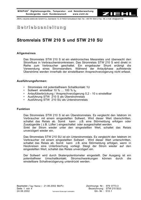 B e t r i e b s a n l e i t u n g Stromrelais STW 210 S und ... - ziehl.de