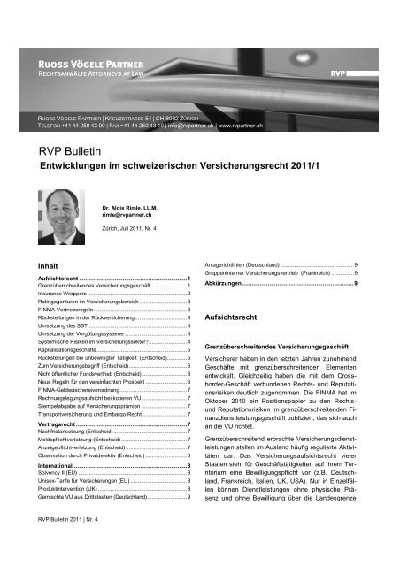Entwicklungen im schweizerischen Versicherungsrecht 2011-1