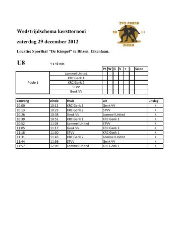 Wedstrijdschema kersttornooi - ZVC Panna Bilzen