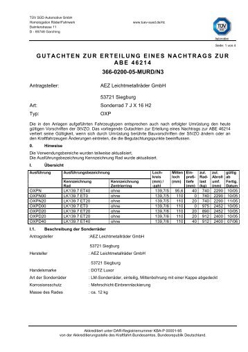 Gutachten zur Erteilung eines Nachtrags zur ABE 46214