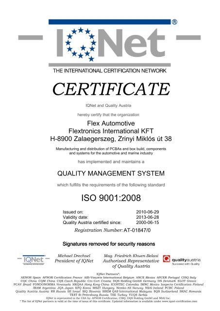 Certificate IQ-Net ISO 9001 FlexAutomotive ... - Flextronics