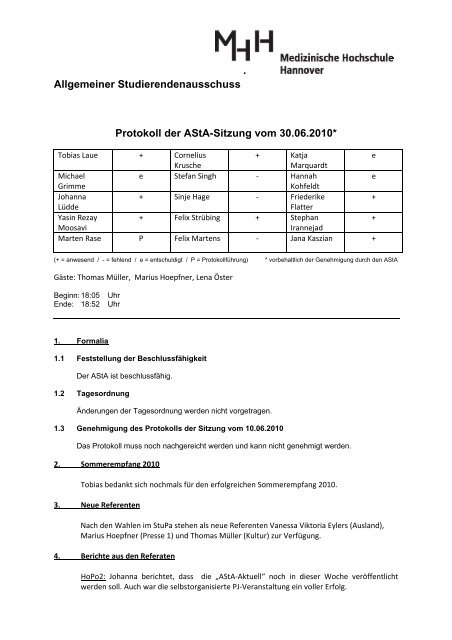 Protokoll - AStA der MHH - Medizinische Hochschule Hannover
