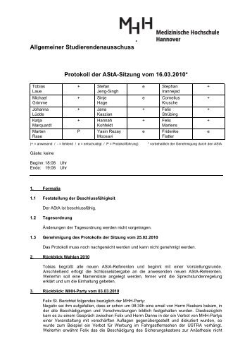 Protokoll - AStA der MHH - Medizinische Hochschule Hannover
