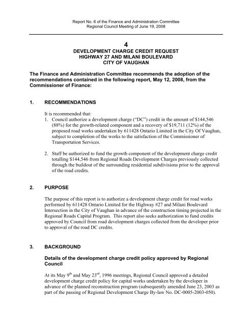Development Charge Credit Request Highway 27 And Milani