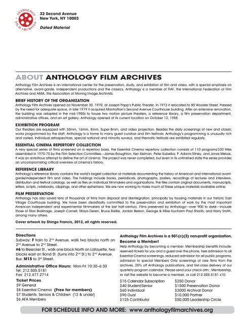 ANTHOLOGY FILM ARCHIVES April - June 2012
