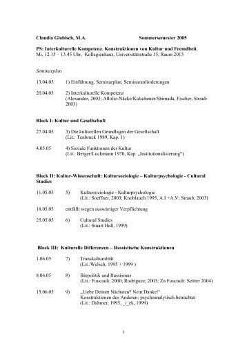 Seminarplan Kultur und Fremdheit SS 2005.pdf - Institut für Soziologie