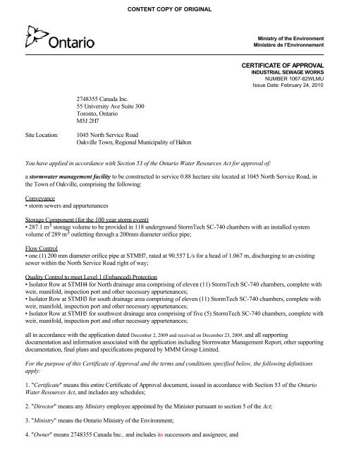 CERTIFICATE OF APPROVAL 2748355 Canada Inc. 55 University ...