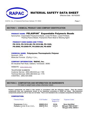 PELASPAN-PAC Loose-Fill MSDS - Storopack