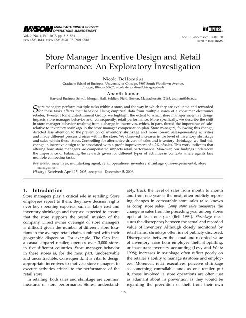 Store Manager Incentive Design and Retail Performance: An ...