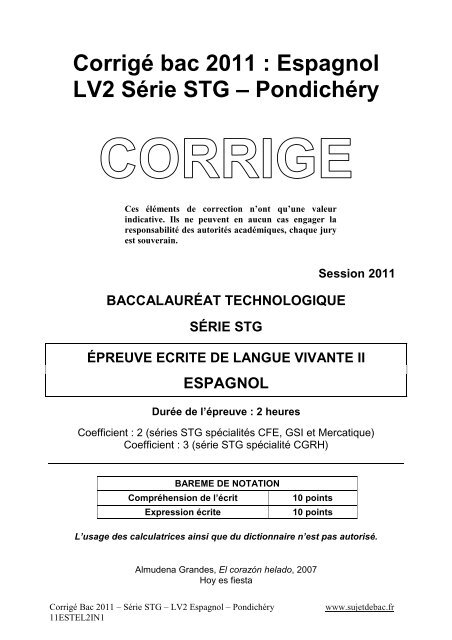 Stg Espagnol Lv2 11 Pondichery Corrige