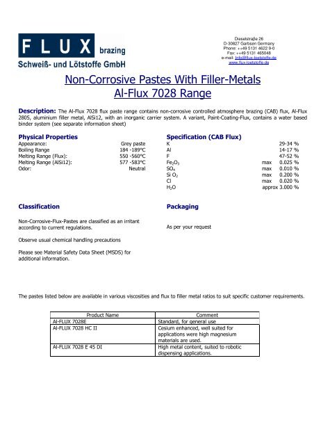 Non-Corrosive Pastes With Filler-Metals Al-Flux 7028 Range