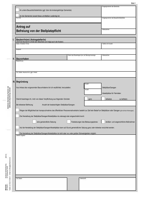 Antrag auf Befreiung von der Stellplatzpflicht