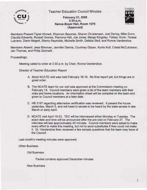 Teacher Education Council Minutes - Cameron University