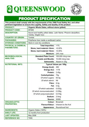 PRODUCT SPECIFICATION - Queenswood Natural Foods