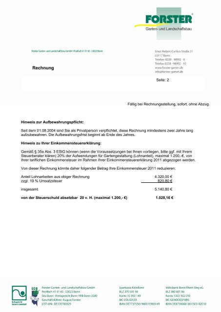 Rechnung Hinweis zur Aufb