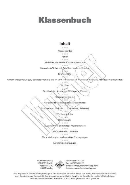 Muster Klassenbuch Forum Verlag Herkert Gmbh
