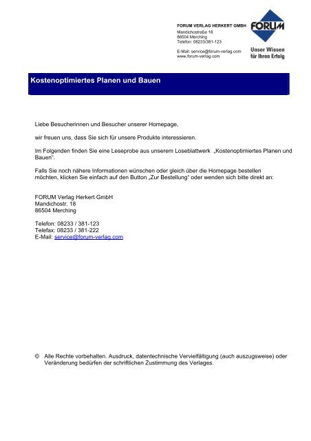 Kostenoptimiertes Planen und Bauen - Forum Verlag Herkert GmbH