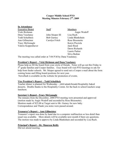 Cooper Middle School Pto Meeting Minutes February 2nd 2009 In
