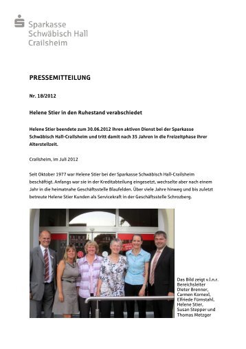 Verabschiedung Helene Stier - Sparkasse Schwäbisch Hall ...