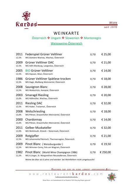 WEINKARTE - Restaurant Kardos