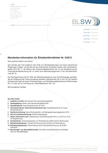 Informationsbrief für Einzelunternehmer - BLSW