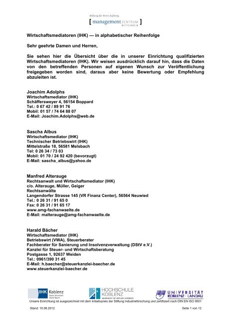 Wirtschaftsmediatoren (IHK) - Management Zentrum Mittelrhein