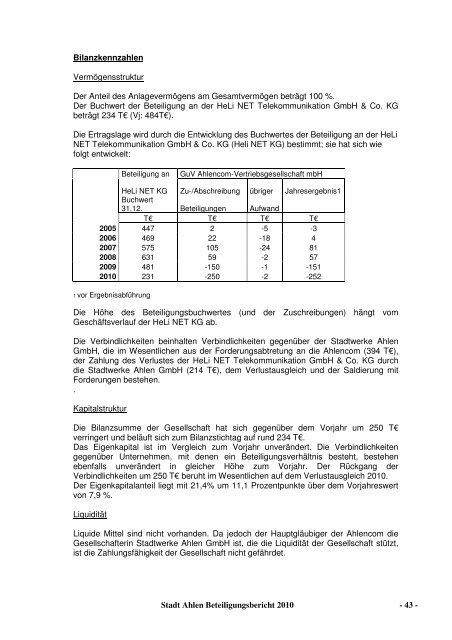 Beteiligungsbericht 2010 - der Stadt Ahlen