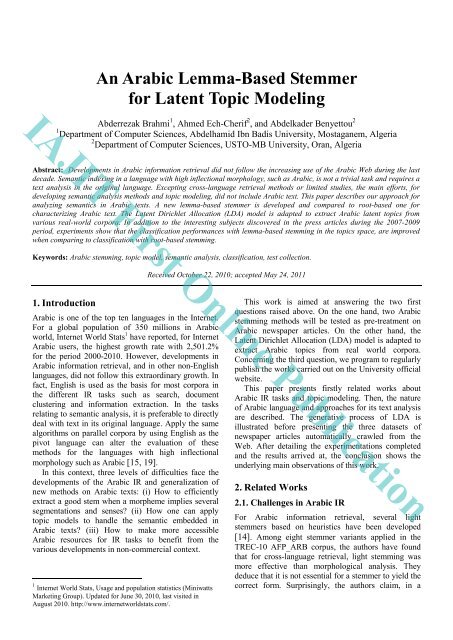 An Arabic Lemma-Based Stemmer for Latent Topic Modeling