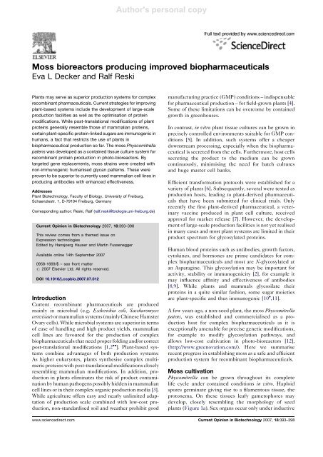 Moss bioreactors producing improved biopharmaceuticals - Plant ...