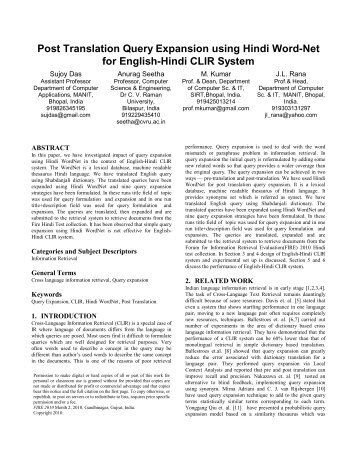 Post Translation Query Expansion using Hindi Word-Net - Indian ...