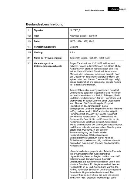 Nachlass Eugen Tatarinoff in der Zentralbibliothek Solothurn ...