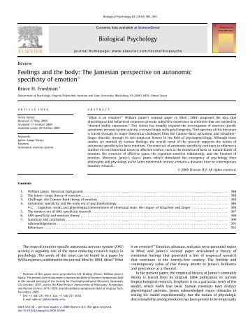 Feelings and the body: The Jamesian perspective on autonomic ...