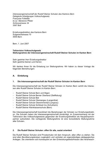 Volksschulgesetz (Vernehmlassung) - Steinerschulen Region Bern