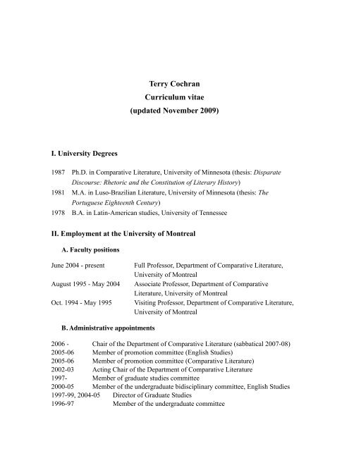 Terry Cochran Curriculum vitae - Université de Montréal