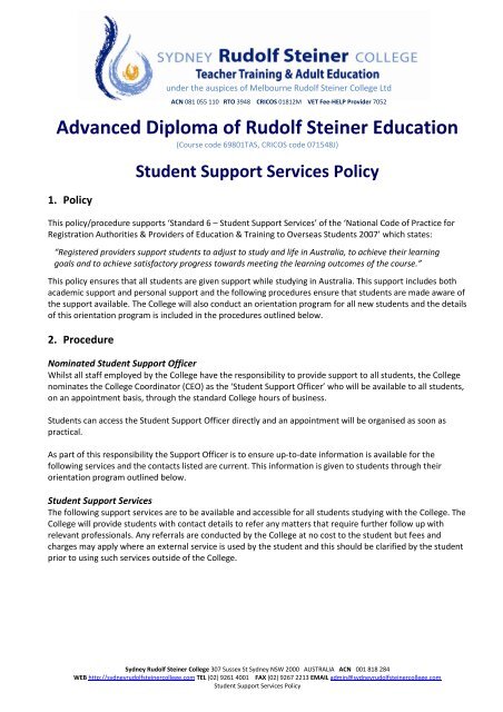 Student Support Services Policy - Sydney Rudolf Steiner College