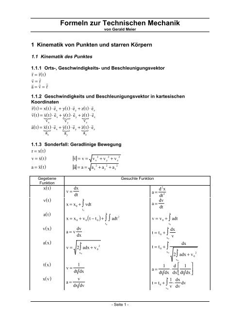 Formeln zur Technischen Mechanik + ∫∫ + ... - ETG Kurzschluss