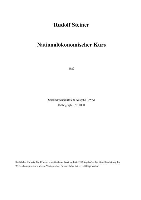 Rudolf Steiner Nationalökonomischer Kurs - Institut für soziale ...