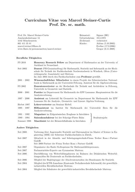 Curriculum Vitae von Marcel Steiner-Curtis Prof. Dr. sc. math.