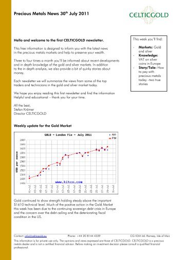 Precious Metals News 30th July 2011 - Celticgold