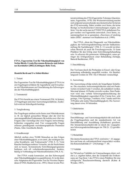 110 Testinformationen FTNA. Fagerström-Test für ... - Testzentrale