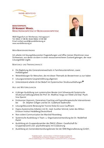 Coachingprofil DI Norbert Wandl - Wandelberatung