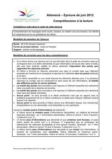 Allemand – Epreuve de juin 2012 Compréhension à la lecture