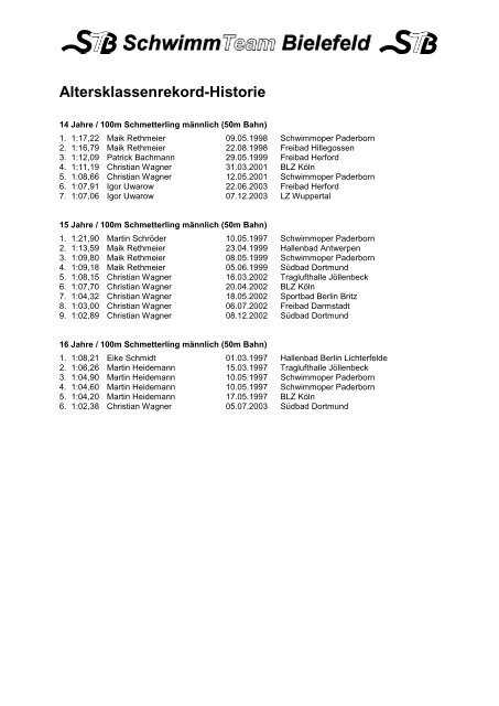 STB-Altersklassenrekorde 50m Bahn - Schwimm-Team Bielefeld