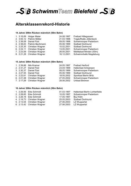 STB-Altersklassenrekorde 50m Bahn - Schwimm-Team Bielefeld